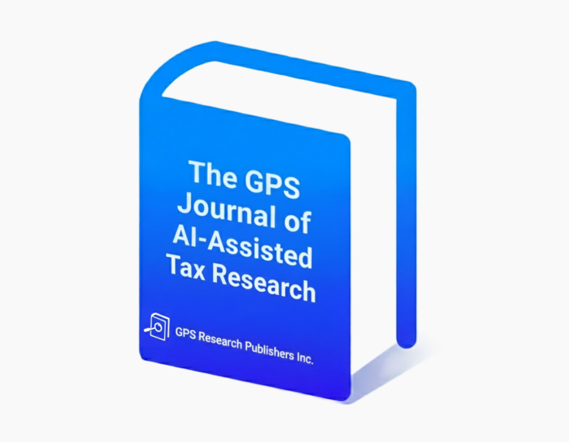 Isometric 3D illustration of a bright blue book cover titled, 'The GPS Journal of AI-Assisted Tax Research.' The publisher text at the bottom reads, 'GPS Research Publishers Inc.'