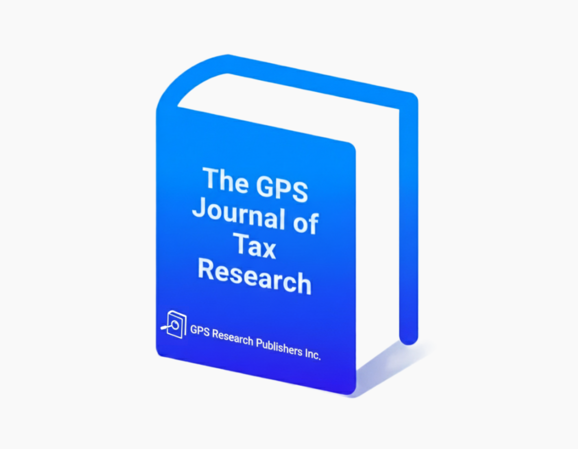 Isometric 3D illustration of a blue book cover titled, 'The GPS Journal of Tax Research.' The publisher is identified in small text at the bottom as 'GPS Research Publishers Inc.'